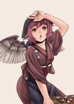  :o animal_ears apron arm_up beer_crate bottle chestnut_mouth crate grey_background head_scarf mystia_lorelei nail_polish obi okamisty open_mouth purple_hair red_eyes ribbon sash seven_star short_hair simple_background solo sweat tasuki touhou wings wiping_forehead 