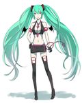  aqua_hair bad_id bad_pixiv_id between_breasts black_legwear breasts cleavage demon_tail fingerless_gloves gloves hatsune_miku long_hair medium_breasts midriff minatsuki_randoseru miniskirt navel necktie purple_neckwear red_eyes skirt solo standing sweet_devil_(vocaloid) tail thighhighs twintails vocaloid white_background 