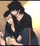  arsene_lupin_iii bad_id bad_pixiv_id beard black_eyes black_hair cigarette closed_eyes facial_hair glasses jigen_daisuke letterboxed lupin_iii male_focus multiple_boys toujou_sakana yaoi 