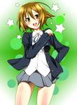  alternate_hairstyle blush brown_eyes brown_hair hair_down k-on! open_mouth round_teeth school_uniform short_hair solo star taigi_akira tainaka_ritsu teeth 