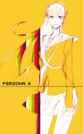  amagi_yukiko breasts cardigan hairband legs long_hair looking_at_viewer monochrome orange_background persona persona_4 sawa school_uniform serafuku skirt small_breasts solo standing sweater 