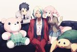  bad_id bad_pixiv_id braid brother_and_sister brown_hair cellphone couch gouenji_shuuya gouenji_yuuka inazuma_eleven_(series) inazuma_eleven_go kokutouwo long_hair necktie phone pink_hair school_uniform short_hair siblings skirt smile stuffed_animal stuffed_toy teddy_bear turtle twin_braids utsunomiya_toramaru 