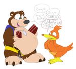  avian banjo banjo-kazooie banjo_(banjo-kazooie) bear bird boomereverett breegull cake clothed clothing dialog dialogue duo eating english_text feral food half-dressed kazooie male mammal nemo obese overweight text topless 