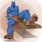  5_toes abs barefoot bench biceps big_feet big_muscles blue blue_fur canine chestnuts_(artist) claws clothing dog ear_piercing fur hindpaw human_feet lounging male mammal muscles nipples paws pecs piercing plantigrade shorts soles solo toe_claws toes 