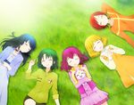  :d aoki_reika blonde_hair blue_hair bow candy_(smile_precure!) closed_eyes dress from_above green_hair green_shirt grin hino_akane_(smile_precure!) hoshizora_miyuki kise_yayoi kisuke_(akutamu) long_hair lying midorikawa_nao multiple_girls on_back open_mouth pink_bow precure purple_hair red_hair shirt short_hair skirt smile smile_precure! 