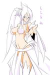  aqua_eyes blush breasts cleavage emukon gen_5_pokemon looking_at_viewer medium_breasts panties personification pokemon reshiram solo underwear white_hair white_panties 