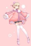  ar_tonelico ar_tonelico_iii bike_shorts braid brown_hair hair_ornament highres kamoto_tatsuya open_mouth pink_background pink_eyes saki_(ar_tonelico) short_hair smile solo thighhighs twin_braids white_legwear 