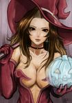  bare_shoulders black_eyes breasts brown_hair choker cleavage deneb_rove earrings elbow_gloves glass_pumpkin gloves hat jack-o'-lantern jack-o'-lantern_earrings jewelry large_breasts lips long_hair looking_at_viewer pumpkin solo tactics_ogre witch witch_hat zozo 