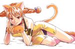  aika_(eternal_arcadia) animal_ears bad_id bad_pixiv_id cat_ears cat_paws cat_tail earrings eternal_arcadia hair_ribbon jewelry kyotuka long_hair lying naughty_face orange_hair paws ribbon simple_background tail 