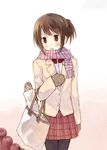  bag baguette bread brown_eyes brown_hair food gloves nonaka_yuu original pantyhose scarf shopping_bag simple_background skirt solo striped striped_scarf white_background 