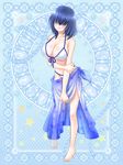  artist_request barefoot bikini blue_hair blue_sarong blush breasts cleavage copyright_request gradient_sarong hair_over_eyes large_breasts print_sarong sarong solo source_request swimsuit 