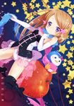  absurdres apple bad_id bad_pixiv_id bird boots brown_hair copyright_name food fruit hair_ornament highres holding knee_boots leotard long_hair looking_at_viewer mawaru_penguindrum penguin penguin_3-gou purple_eyes sakuro scarf smile star takakura_himari 