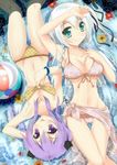  absurdres bad_id bad_pixiv_id ball beachball bikini blush braid breasts cat_hair_ornament flower green_eyes hair_ornament highres long_hair lying mayuzumi_makiha medium_breasts multiple_girls navel original petals pink_sarong print_sarong purple_eyes purple_hair sarong side_ponytail silver_hair small_breasts smile swimsuit tongue tongue_out translucent_sarong twin_braids twintails water 