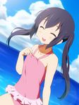  :d black_hair blush casual_one-piece_swimsuit closed_eyes cloud collarbone day dutch_angle frilled_swimsuit frills halterneck k-on! kisuke_(akutamu) long_hair nakano_azusa ocean one-piece_swimsuit open_mouth pink_swimsuit round_teeth sky smile solo swimsuit teeth twintails 