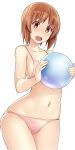  1girl :d ball bangs bikini breasts brown_eyes brown_hair commentary_request eyebrows_visible_through_hair girls_und_panzer highres holding holding_ball looking_at_viewer medium_breasts nakamura_yukitoshi navel nishizumi_miho open_mouth pink_bikini pink_swimsuit sideboob smile solo standing swimsuit white_background wide_hips 