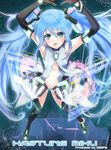  anklet aqua_eyes armpits arms_up blue_hair bracelet center_opening character_name deeple elbow_gloves gloves hatsune_miku hatsune_miku_(append) hexagon hexagonal_prism hologram holographic_monitor jewelry long_hair necktie solo thighhighs twintails very_long_hair vocaloid vocaloid_append 