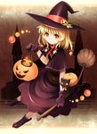  bad_id bad_pixiv_id blonde_hair broom cat dress gloves hair_ribbon hat jack-o'-lantern mtyy orange_eyes original ribbon smile witch witch_hat 