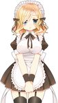  apron black_legwear blonde_hair blue_eyes blush bow breasts garters hair_bow hands_together highres himegoto hiro_(himegoto) large_breasts maid maid_headdress male_focus open_mouth otoko_no_ko own_hands_together ribbon short_hair solo thighhighs tsukudani_norio wristband 
