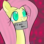  cute deerkosprince english_text equine female fluttershy_(mlp) friendship_is_magic fur green_eyes hair horse mammal mouth_hold my_little_pony mysteriousmuffin pink_background pink_hair plain_background pony sad sign solo text yellow yellow_fur 