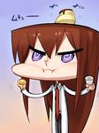  :&lt; chibi food food_on_head kazeto long_hair makise_kurisu mukyuu necktie object_on_head pantyhose purple_eyes red_neckwear solo steins;gate 