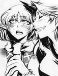  arare_(sayaka) blush close-up closed_eyes face greyscale grin horn hoshiguma_yuugi ink_(medium) mizuhashi_parsee monochrome multiple_girls pointy_ears smile touhou traditional_media 