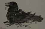  amara_telgemeier avian bird black black_feathers crow feral greyscale jewelry monochrome mouth_hold smile solo thief 