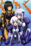  blue_eyes blue_hair blush bodysuit breasts brown_hair cryska_barchenowa hand_to_own_mouth hara_yumiko inia_sestina large_breasts long_hair megami multiple_girls muvluv muvluv_alternative muvluv_total_eclipse official_art open_mouth pilot_suit purple_eyes scan short_hair silver_hair sword takamura_yui very_long_hair weapon white_hair 