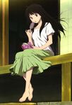  :o absurdres anko_(food) barefoot black_hair book chitanda_eru feet food highres hyouka long_hair nyantype official_art open_book open_mouth pinky_out popsicle porch purple_eyes scan sezaki_rie sitting skirt solo veranda 
