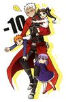  2girls archer black_legwear blue_eyes brown_hair carrying child emiya_shirou fate/stay_night fate/zero fate_(series) grey_eyes hair_ribbon long_hair matou_sakura multiple_boys multiple_girls purple_eyes purple_hair raglan_sleeves red_hair ribbon s100821 short_hair siblings sisters thighhighs time_paradox toosaka_rin twintails white_hair yellow_eyes younger 