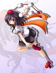  black_hair blush geta grey_legwear hat highres leg_up looking_at_viewer orange_eyes orange_scarf pointing scarf shameimaru_aya shinjitsu short_hair skirt smile socks solo tengu-geta tokin_hat touhou 