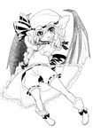  bat_wings bloomers blush dress greyscale hat highres kazumi_yoshiyuki looking_at_viewer midriff monochrome navel open_mouth pointing pointing_at_viewer remilia_scarlet short_hair solo touhou underwear wings wrist_cuffs 