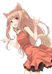  :d animal_ears bare_shoulders brown_hair commentary_request fox_ears fox_shadow_puppet fox_tail long_hair maeda_risou open_mouth original red_eyes red_skirt simple_background skirt smile solo symbol-shaped_pupils tail white_background 