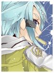  bad_id bad_pixiv_id blue_eyes blue_hair bullet bullet_in_mouth from_behind hair_ornament hairclip hajime_kaname mouth_hold portrait short_hair sinon sketch solo sword_art_online 