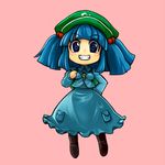  backpack bag blue_eyes blue_hair boots chibi dress full_body grin hair_bobbles hair_ornament hand_on_hip hat kawashiro_nitori key kuri-magu_kuroguro pink_background pocket simple_background smile solo touhou two_side_up 