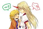  2girls 80yakky angry blonde_hair blush confrontation eye_contact height_difference horn hoshiguma_yuugi looking_at_another mizuhashi_parsee multiple_girls profile shirt_grab short_sleeves simple_background speech_bubble touhou white_background wide_sleeves 