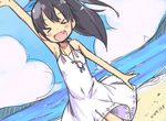  &gt;_&lt; :d arm_up armpits beach black_hair blush character_name closed_eyes dress dutch_angle fang ganaha_hibiki idolmaster idolmaster_(classic) jewelry long_hair necklace open_mouth ponytail smile solo translated ueshita white_dress younger 