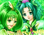  akimoto_komachi bad_id bad_pixiv_id brooch butterfly_hair_ornament choker color_connection creator_connection cure_march cure_mint eyelashes green green_background green_choker green_eyes green_hair hair_ornament jewelry long_hair midorikawa_nao multiple_girls precure puffy_sleeves smile smile_precure! tokiwa_wakatake tri_tails yes!_precure_5 