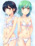  absurdres bad_id bad_pixiv_id bikini black_hair brown_eyes frilled_bikini frills front-tie_top green_hair hairband highres komimiyako multiple_girls navel power_pro_kun_pocket power_pro_kun_pocket_10 shiny shiny_skin short_hair side-tie_bikini swimsuit takashina_nao white_bikini yoshizuki_sara 