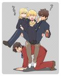  3boys all_fours artoria_pendragon_(all) blonde_hair bottle brown_eyes brown_hair carrying cross drink facial_hair fang fate/zero fate_(series) formal gilgamesh goatee green_eyes human_chair human_furniture jewelry kotomine_kirei long_hair multiple_boys necklace pant_suit ponytail princess_carry saber shigoroo sitting sitting_on_person suit tears toosaka_tokiomi translated 