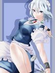  bad_id bad_pixiv_id blue_eyes braid breasts brooch izayoi_sakuya jewelry knife large_breasts looking_at_viewer maid maid_headdress silver_hair solo somsom touhou twin_braids watch wrist_cuffs 