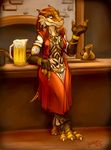  alcohol aleisandra bar beer beverage big_breasts bioluminescence blue_eyes breasts claws cleavage clothed clothing commissar-k cup dnd dragon dragonborn dungeons_&amp;_dragons female glowing hair hi_res horn huge_breasts legwear lizard looking_at_viewer paladin pub red_hair reptile scalie smile solo standing tattoo teeth toeless_socks 