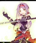  antenna_hair armor bad_anatomy bad_id bad_pixiv_id bare_shoulders detached_sleeves fingerless_gloves gloves hair_intakes hairband hajime_kaname highres letterboxed long_hair open_mouth pointy_ears purple_hair red_eyes solo sword sword_art_online tears weapon yuuki_(sao) 