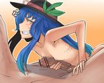  1girl anger_vein bakuya blue_hair blush breasts censored grin hat hetero highres hinanawi_tenshi long_hair naizuri nude penis small_breasts smile solo_focus sweatdrop testicles touhou 