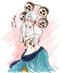  bandana blonde_hair blue_eyes blush bracelet breast_hold breasts check_translation crossed_arms earrings enel genderswap genderswap_(mtf) hips jewelry kepe medium_breasts mitsudomoe_(shape) navel one_piece short_hair sweatdrop tomoe_(symbol) topless translated translation_request 