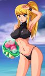  alien arm_up armpits ball bangs bikini blonde_hair blue_eyes blush breasts cloud covered_nipples day eyes highres holding impossible_clothes large_breasts lipstick long_hair looking_at_viewer makeup metroid metroid_(creature) navel objectification ocean outdoors ponytail samus_aran scrunchie sigurd_hosenfeld skin_tight sky smile sports_bikini standing swept_bangs swimsuit toned turtleneck water wristband 