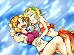  :d aki_minoriko aki_shizuha bikini blonde_hair breasts closed_eyes criss-cross_halter gradient_sarong halter_top halterneck medium_breasts multiple_girls mutsuki_(tsugaidanuki) open_mouth partially_submerged pointing red_eyes red_sarong sarong short_hair siblings sisters skinny small_breasts smile swimsuit touhou water 