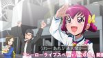  2girls :d arms_up black_hair blush bow brown_eyes closed_eyes crossover hair_bow hayabusa-kun hoshizora_miyuki joujima_yuuki kamen_rider kamen_rider_fourze_(series) kisaragi_gentarou long_sleeves multiple_girls necktie open_mouth pink_eyes pink_hair precure school_uniform smile smile_precure! tj-type1 translation_request twintails 