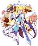  armor blonde_hair blue_eyes boned_meat boots doughnut flynn_scifo food fork french_cruller full_body gloves halo hamburger male_focus meat motoko_(ambiy) sakura_french sakura_french_angel smile solo spoon star surcoat sword tales_of_(series) tales_of_vesperia weapon wings 