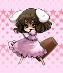  :3 animal_ears brown_eyes brown_hair bunny_ears chibi dress inaba_tewi kine kuri-magu_kuroguro mallet short_hair solo star touhou 