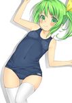  blush breasts covered_nipples daiyousei green_eyes green_hair kabocha_head looking_at_viewer no_wings one-piece_swimsuit school_swimsuit side_ponytail small_breasts solo swimsuit tears thigh_gap thighhighs touhou white_background white_legwear 